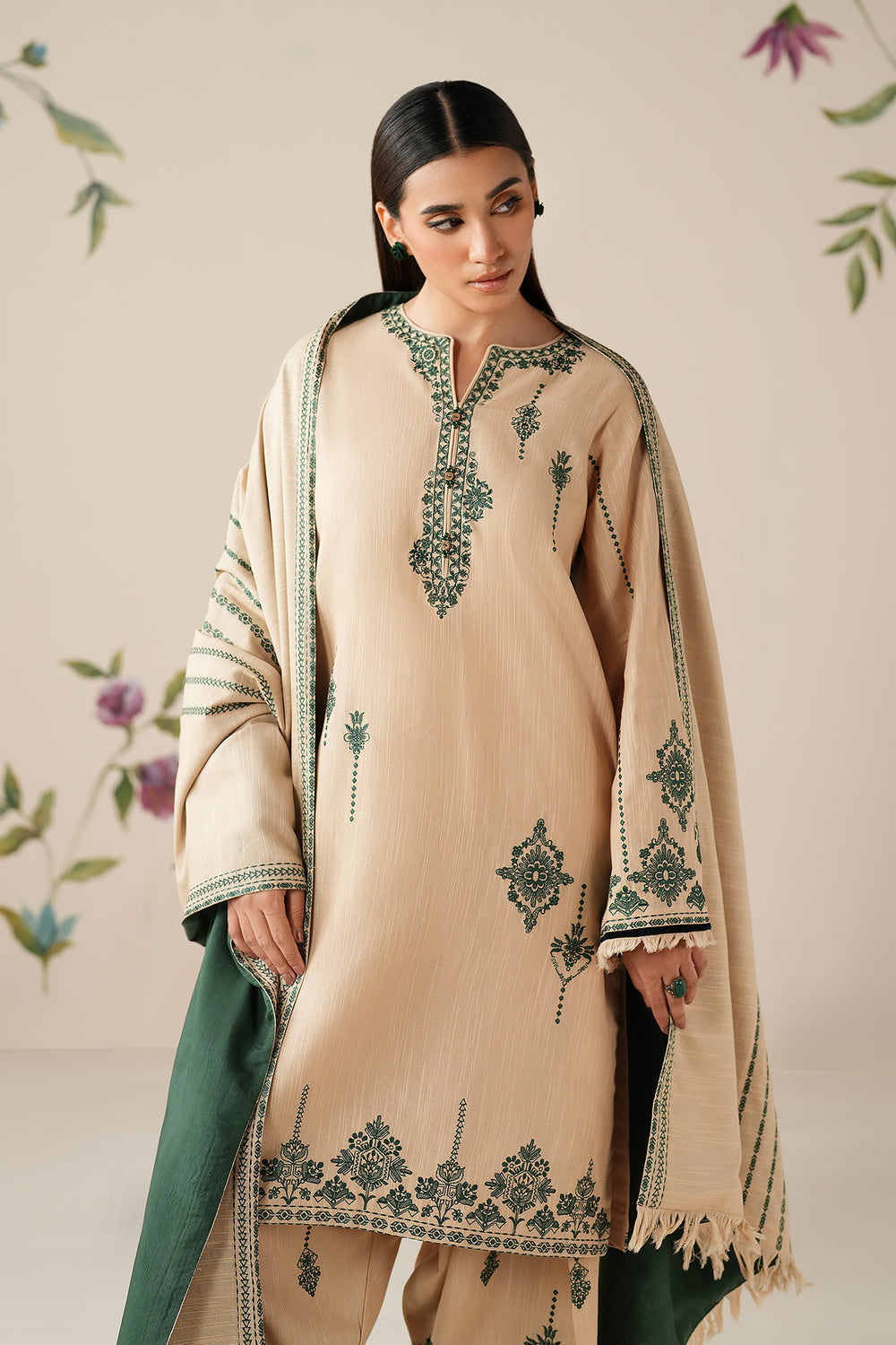 BAROUQE-3PC DHANAK EMBROIDERED SHIRT WITH DHANAK EMBROIDERED SHAWL AND TROUSER -BIC