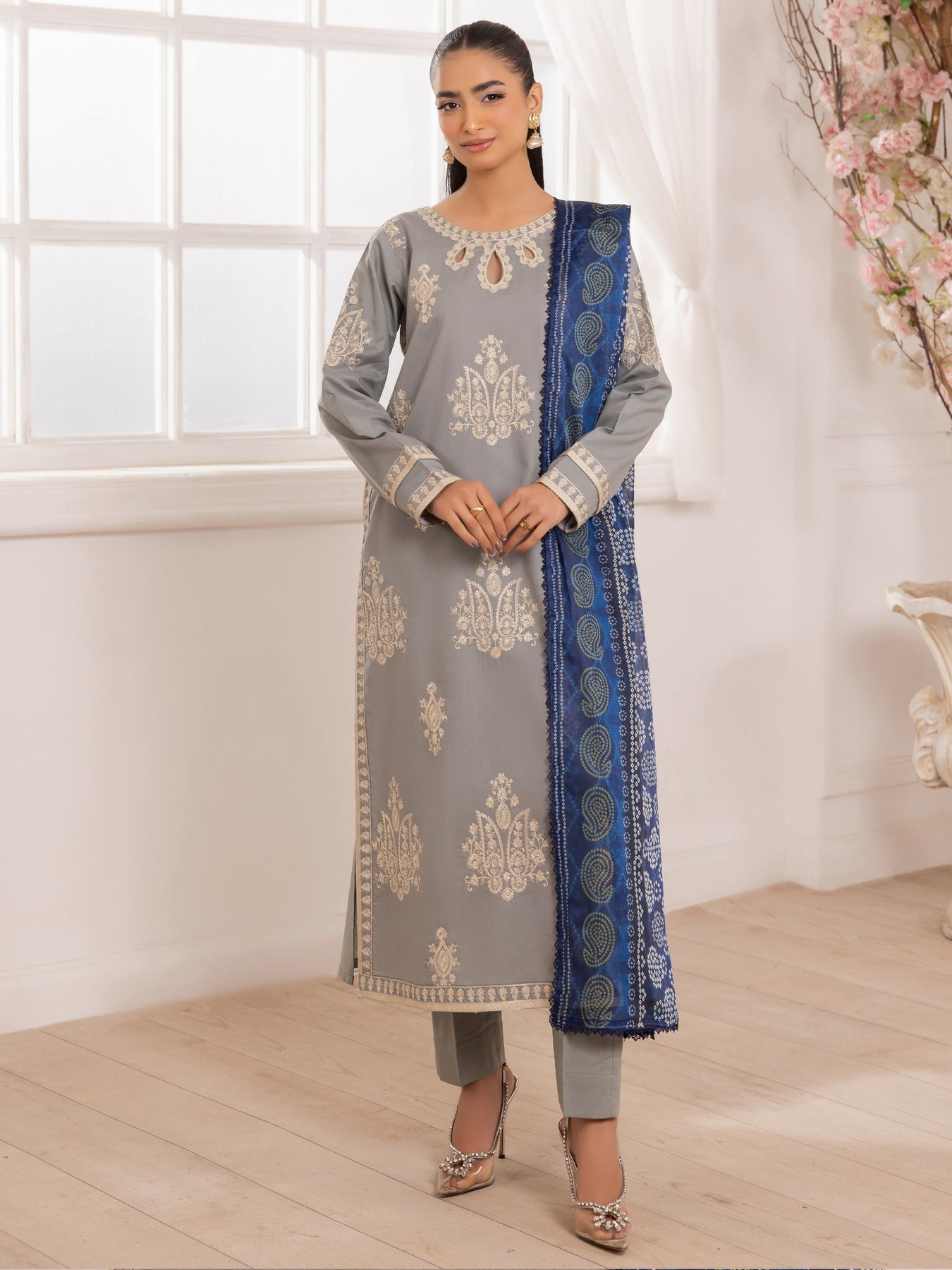 MOHAGNI-3PC LAWN EMBROIDERED SHIRT WITH MONARK PRINTED DUPATTA AND TROUSER-BIC-3741