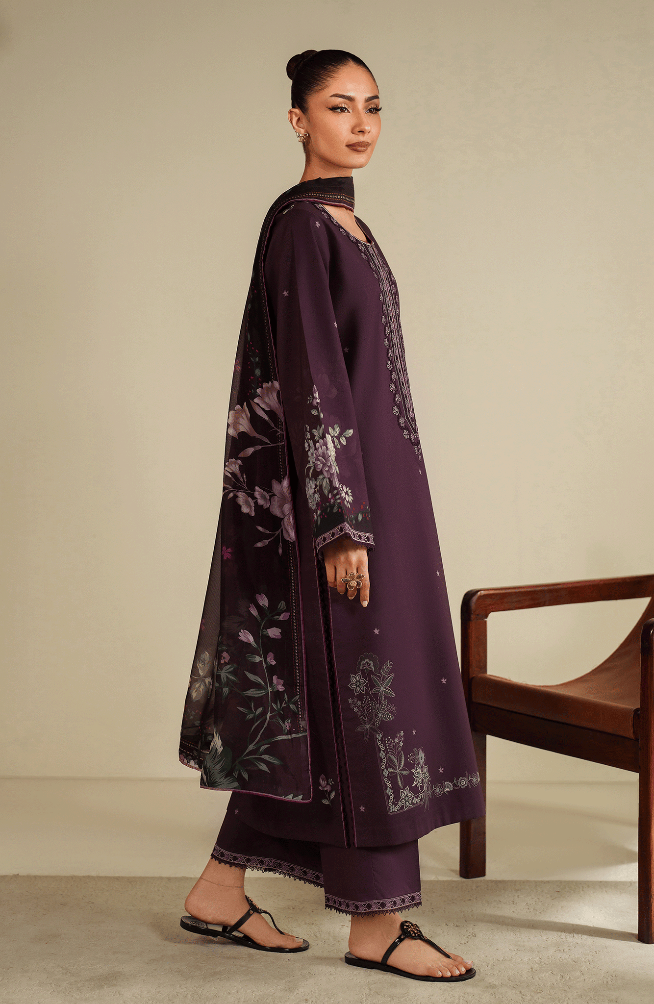 SERAN-3PC DHANAK EMBROIDERED SHIRT WITH COURTRAI PRINTED SHAWL & TROUSER-BIC-4317