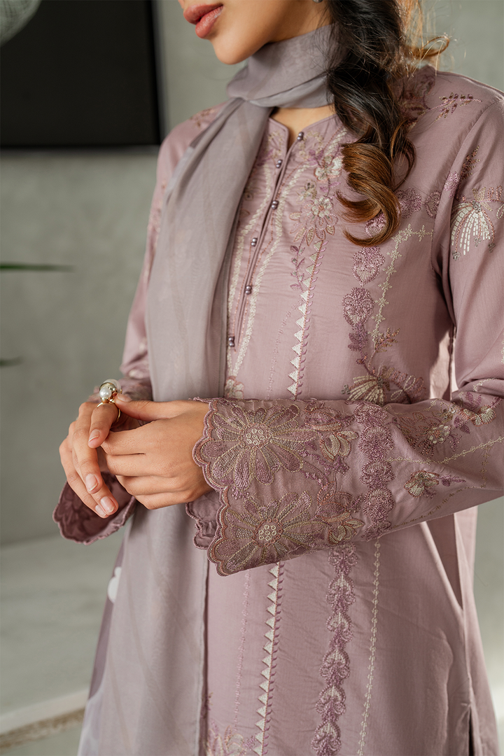 IZNIK-3PC DHANAK EMBROIDERED SHIRT WITH COUTRAI PRINTED SHAWL AND TROUSER-BIC-4114