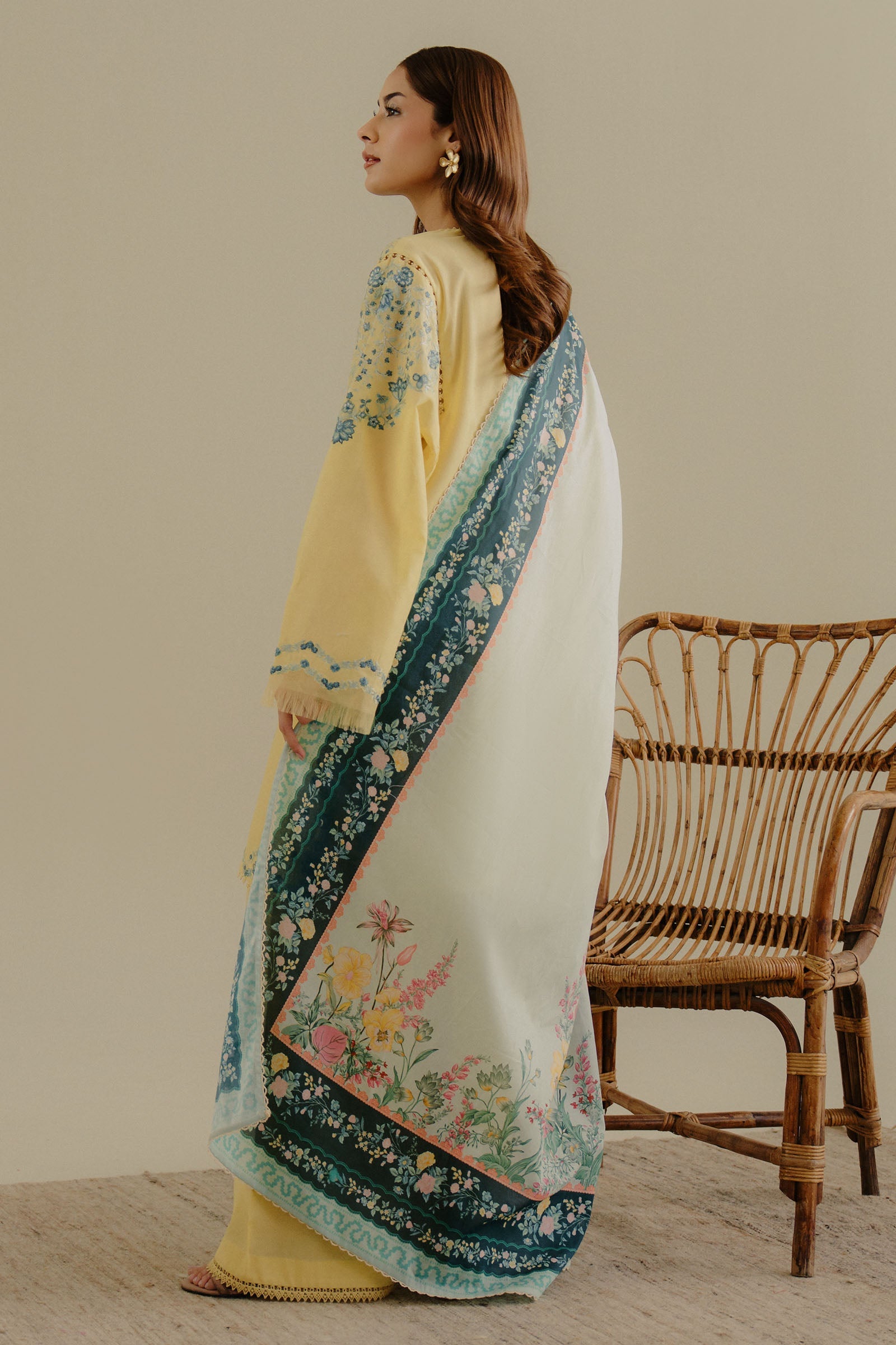 ZARASHAHJAHAN-3PC DHANAK EMBROIDERED SHIRT WITH COURTRAI WOOL PRINTED SHAWL AND TROUSER-BIC-4066