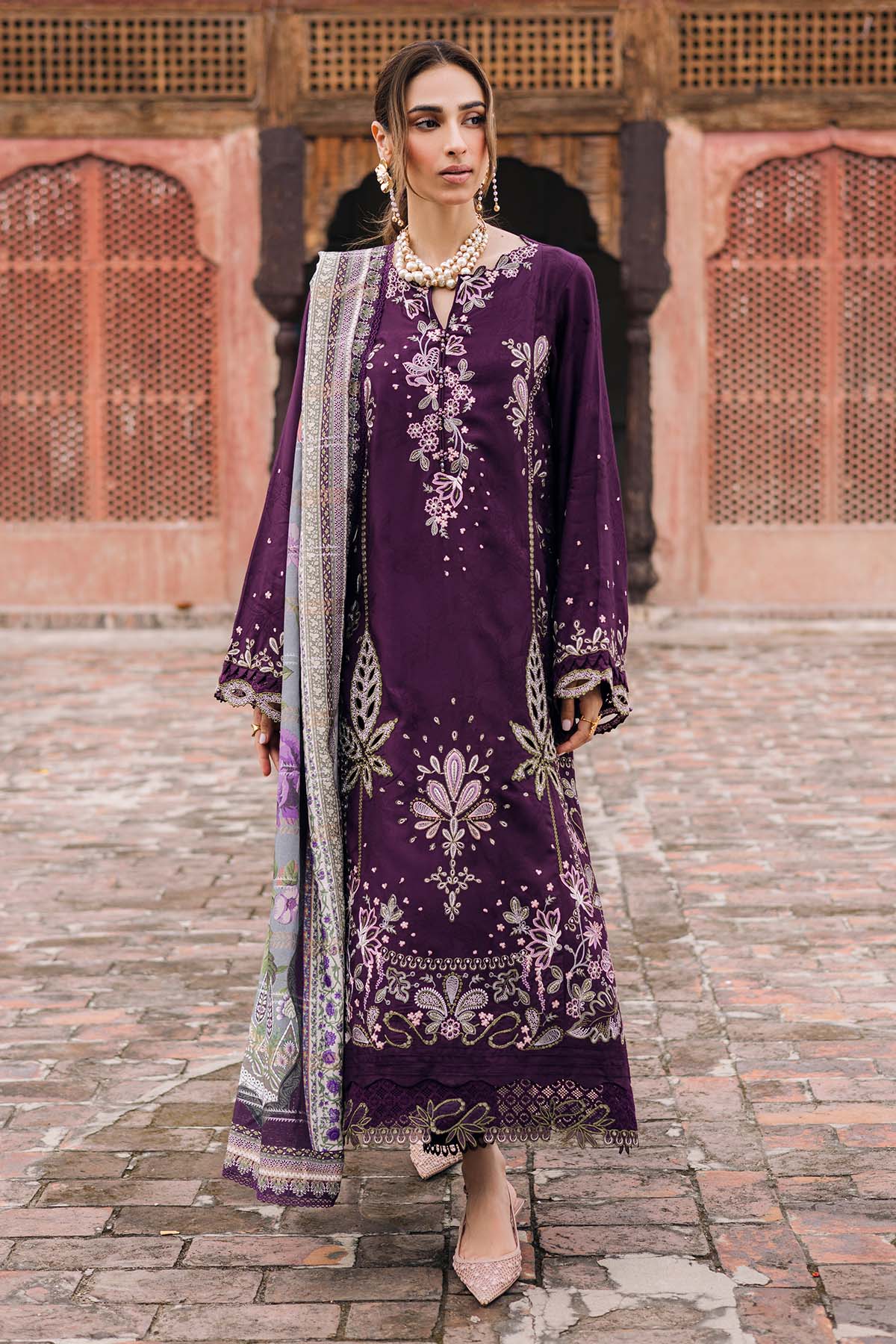NUREH-3PC DHANAK EMBROIDERED SHIRT WITH COURTRAI PRINTED SHAWL & TROUSER-BIC-4351