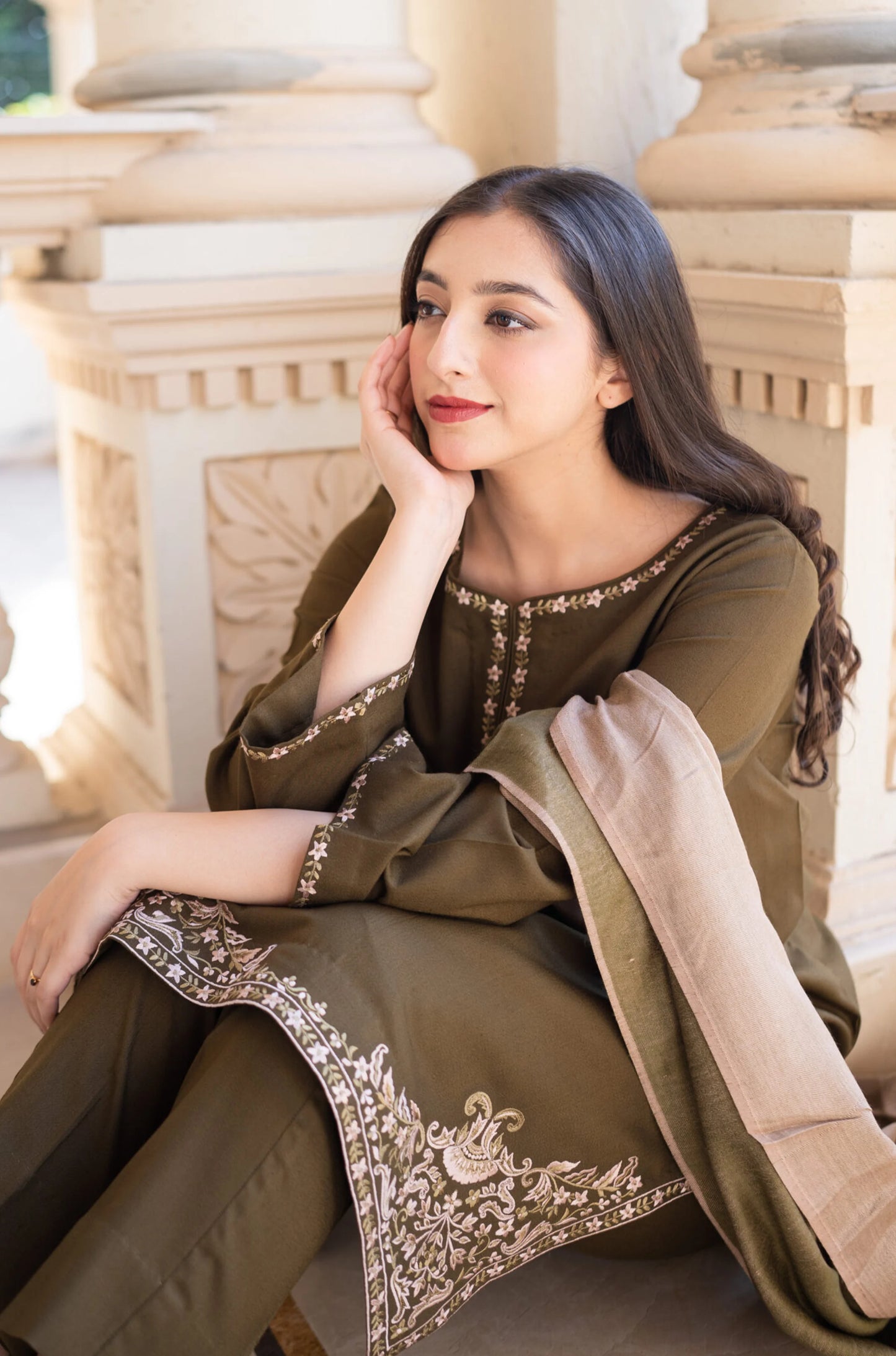 AISLING-3PC DHANAK EMBROIDERED SHIRT WITH COURTRAI PRINTED SHAWL & TROUSER-BIC-4143