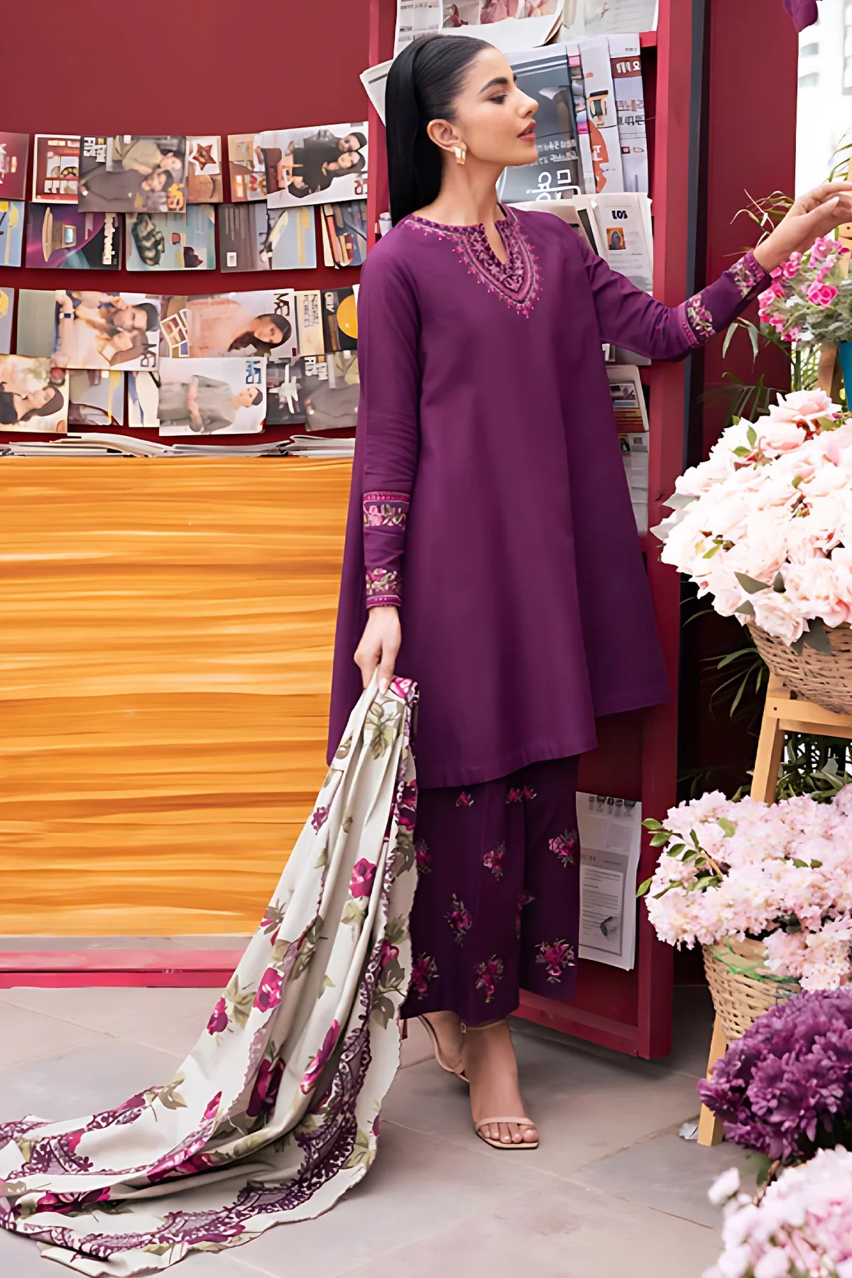 SAPPHIRE - 3PC DHANAK EMBROIDERED SHIRT WITH COUTURE WOOL PRINT SHAWL AND EMB TROUSER-BIC-3170