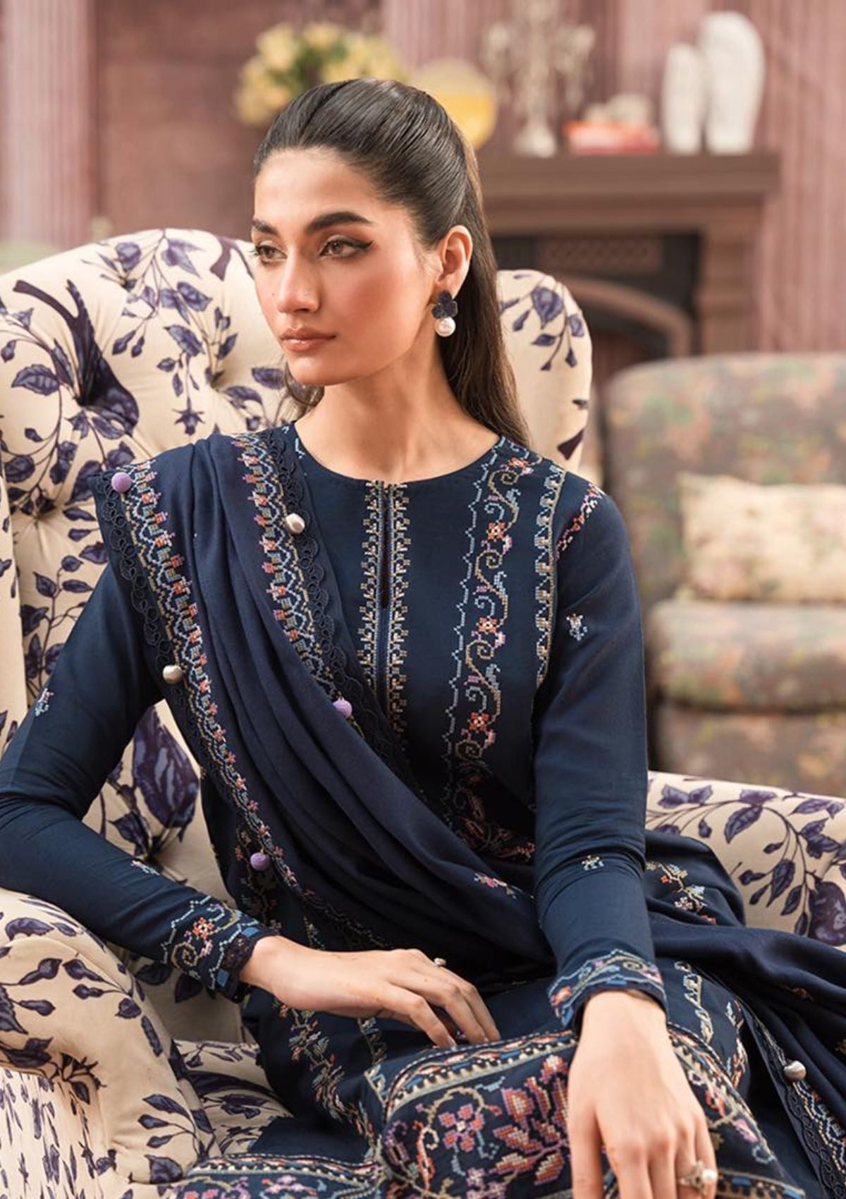 SERAN-3PC DHANAK EMBROIDERED SHIRT WITH DHANAK EMBROIDERD SHAWL & EMB TROUSER-BIC-3127