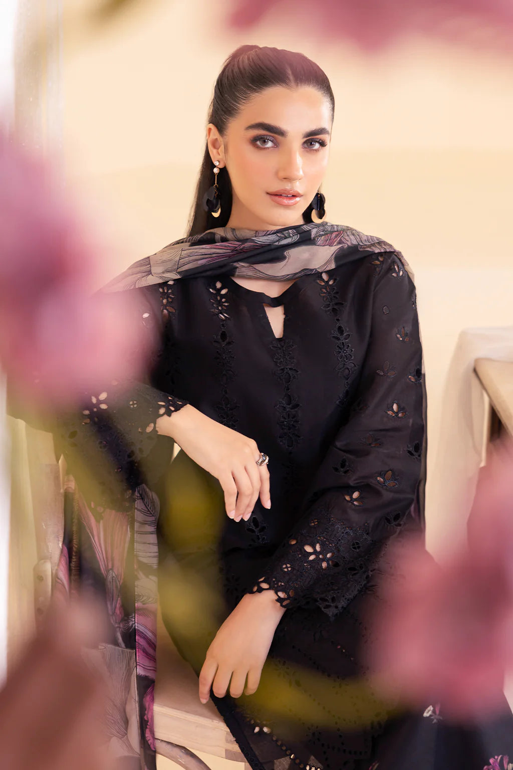 IZNIK-3PC DHANAK CHIKAN EMBROIDERED SHIRT WITH COURTRAI PRINTED SHAWL AND EMB TROUSER-BIC-4022