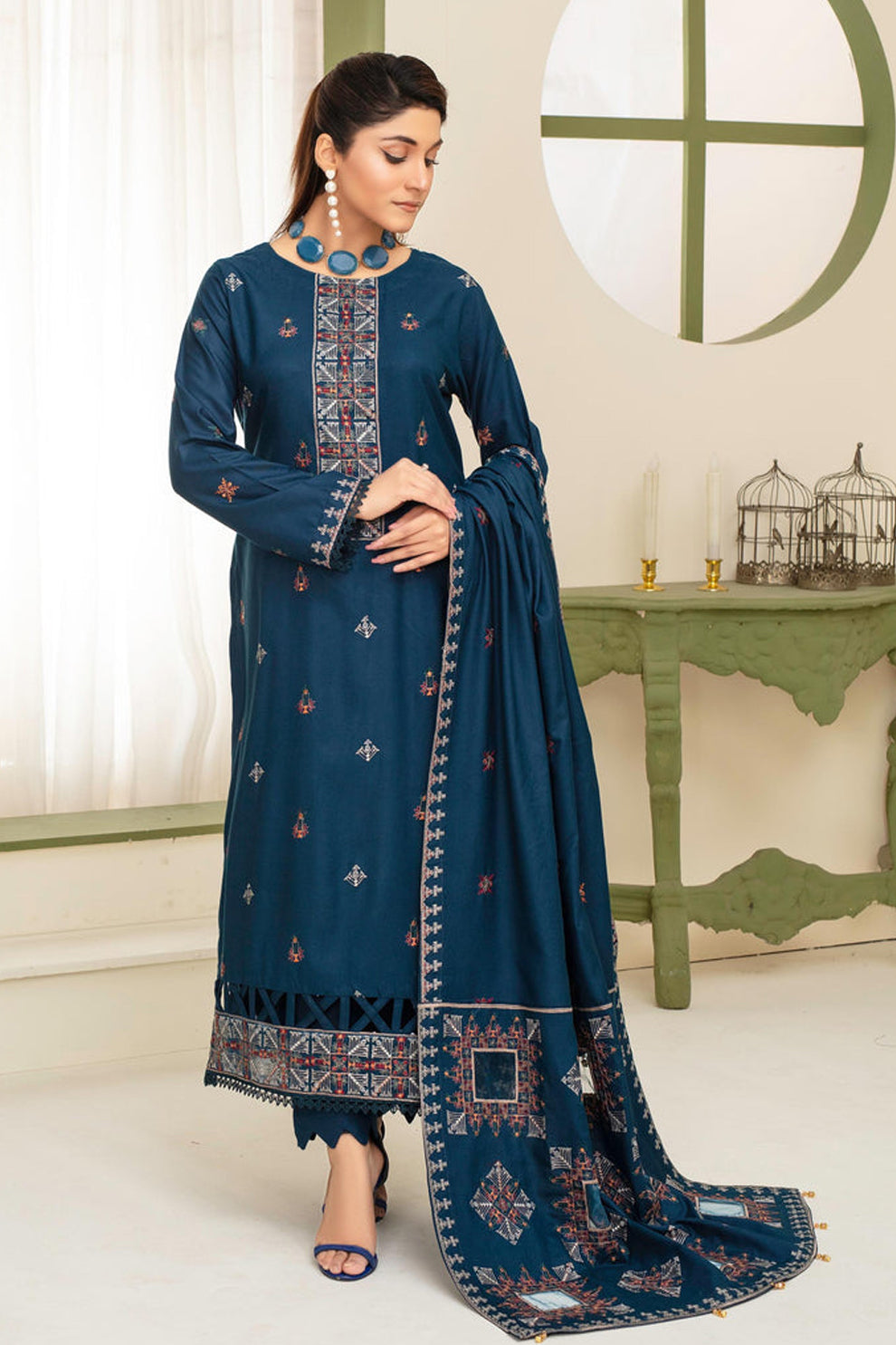 BRANDS INN-3PC DHANAK EMBROIDERED SHIRT WITH HEAVY CUTWORK EMBROIDERED DHANAK SHAWL AND TROUSER-BIC-1516