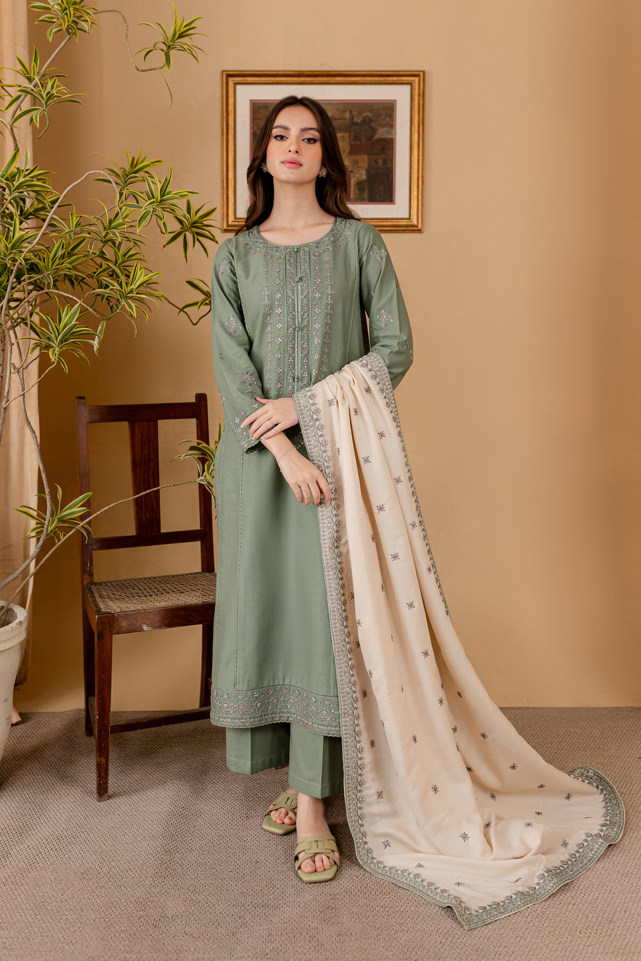 BATIK-3PC DHANAK EMBROIDERED SHIRT WITH DHANAK EMBROIDERED SHAWL AND TROUSER-BIC-4011