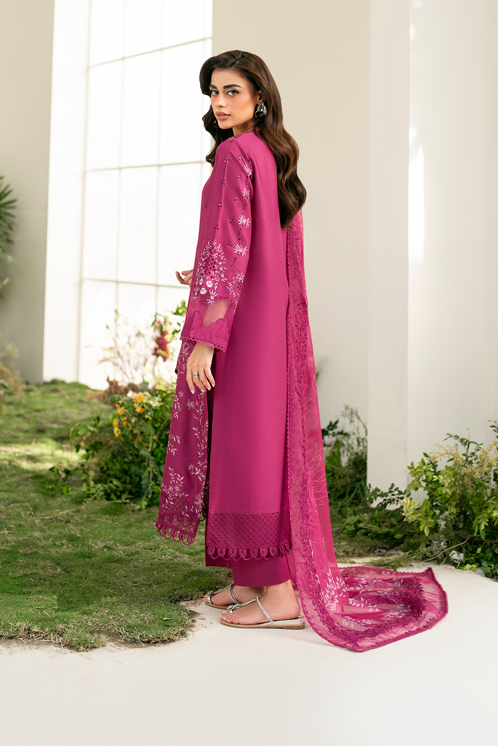 IZNIK-3PC DHANAK SEQUIN EMBROIDRED SHIRT WITH COURTRAI PRINTED EMB SHAWL AND TROUSER-BIC-4125
