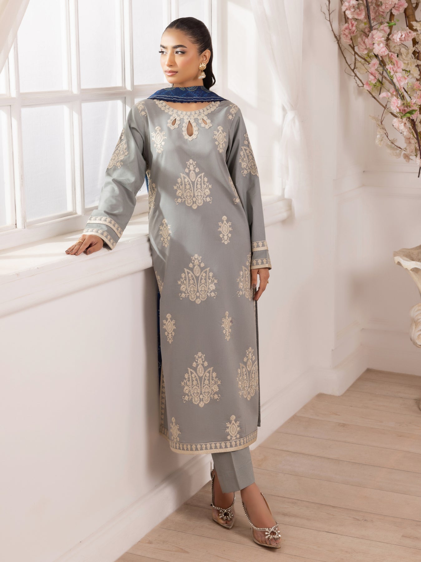 MOHAGNI-3PC LAWN EMBROIDERED SHIRT WITH MONARK PRINTED DUPATTA AND TROUSER-BIC-3741