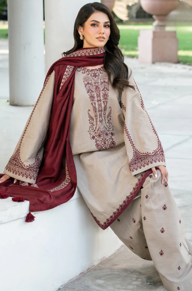 BAROQUE-3PC DHANAK EMBROIDERED SHIRT WITH DHANAK EMBROIDERED SHAWL AND EMB TROUSER-BIC-4320