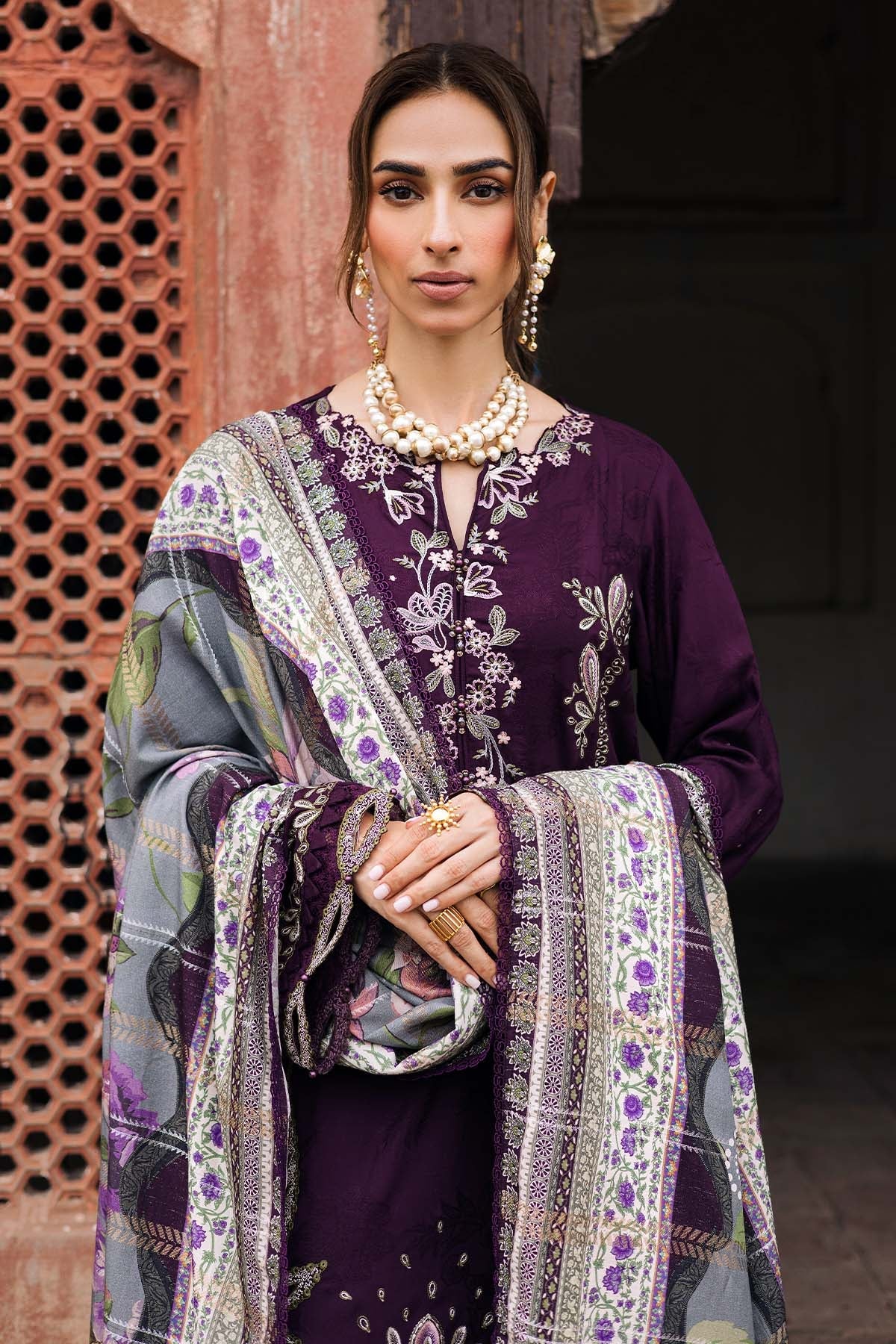 NUREH-3PC DHANAK EMBROIDERED SHIRT WITH COURTRAI PRINTED SHAWL & TROUSER-BIC-4351