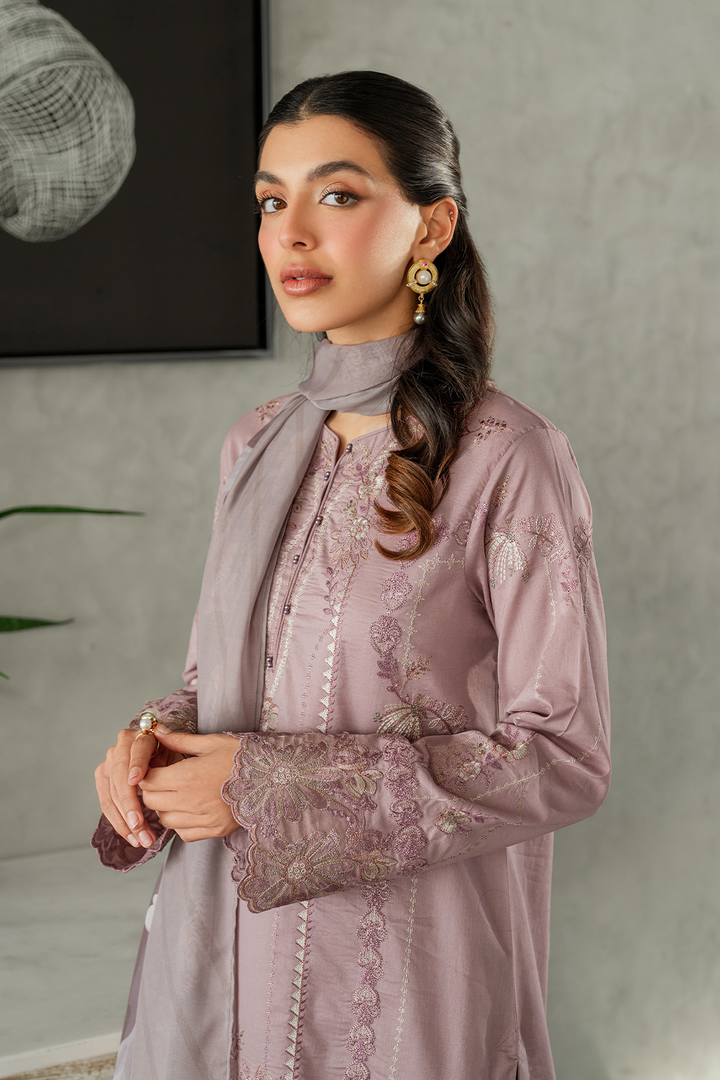 IZNIK-3PC DHANAK EMBROIDERED SHIRT WITH COUTRAI PRINTED SHAWL AND TROUSER-BIC-4114