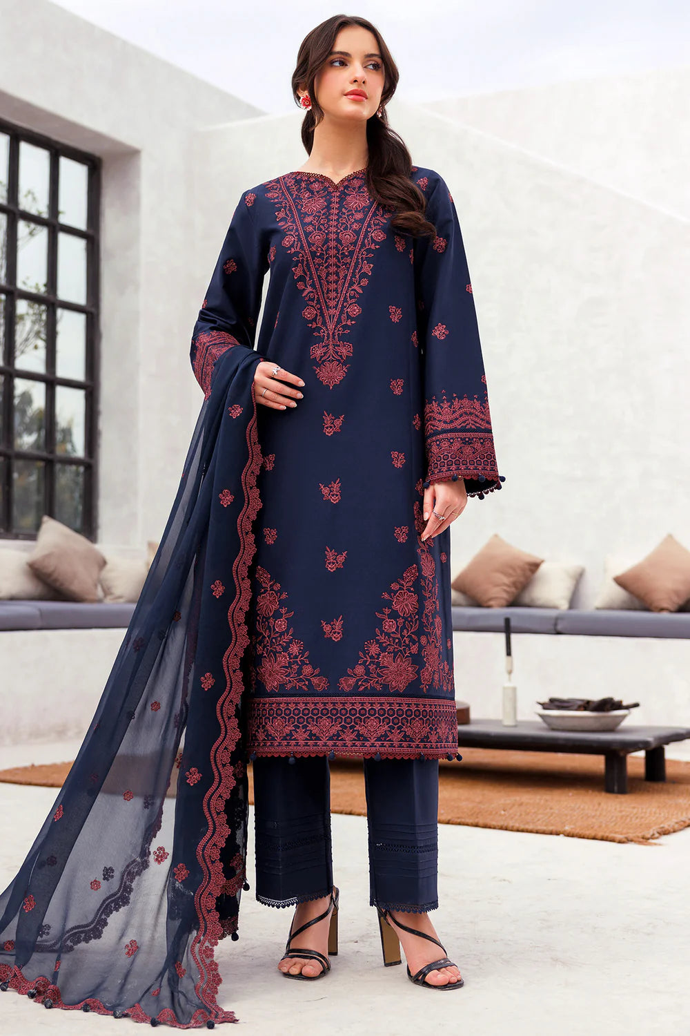 JAZMIN-3PC LAWN EMBROIDERED SHIRT WITH CHIFFON EMBROIDERED DUPATTA AND TROUSER-BIC-3703