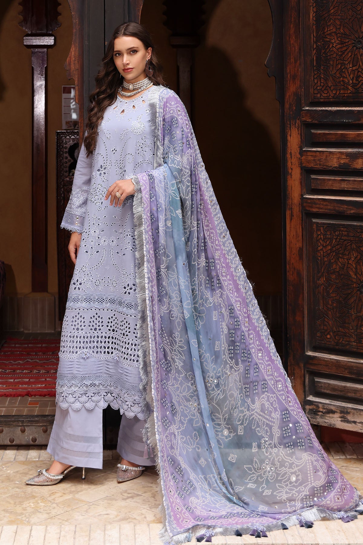 NUREH-3PC LAWN CHIKANKARI EMBROIDERED SHIRT WITH MONARK PRINTED DUPATTA AND EMB TRPUSER-BIC-3709