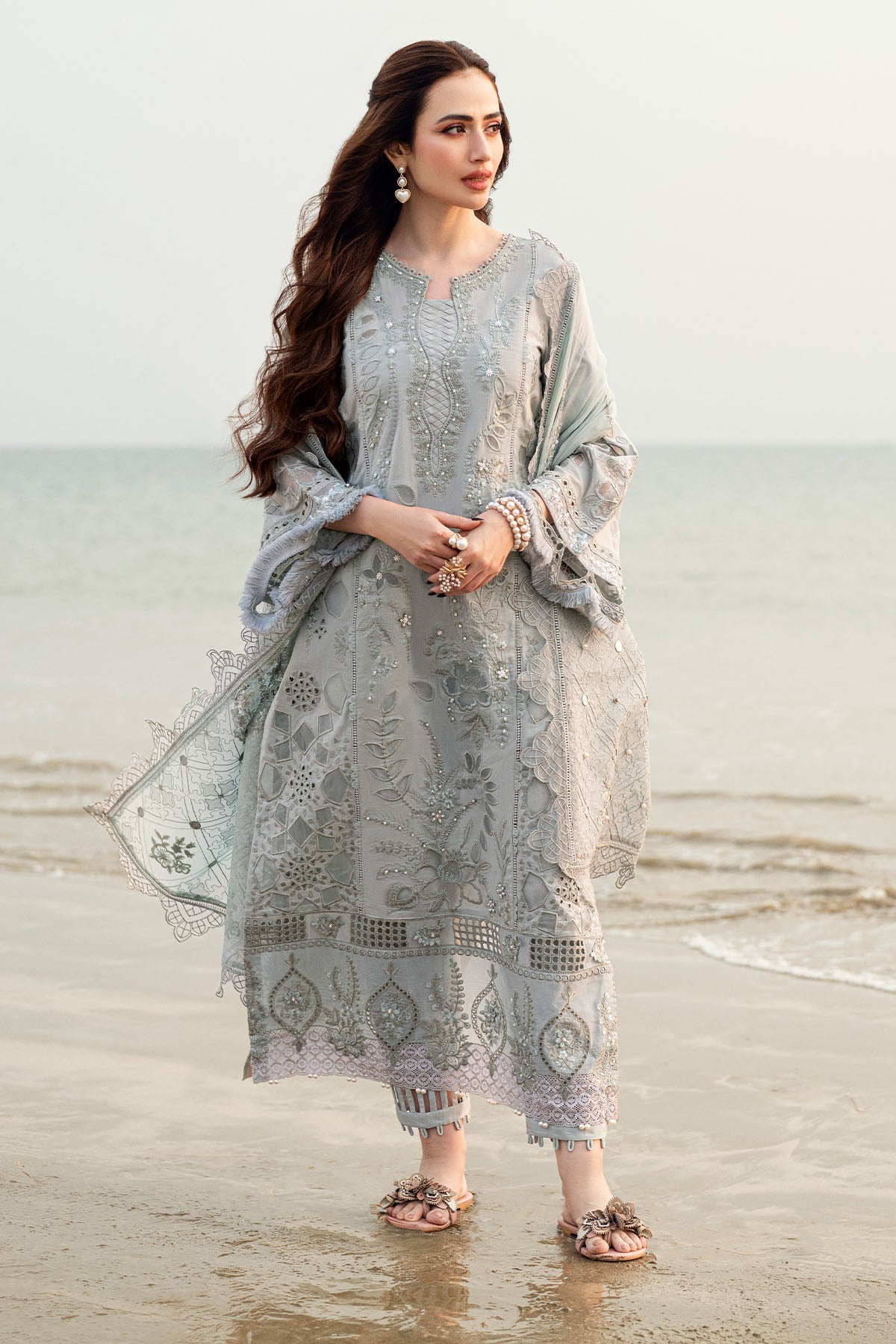 NUREH-3PC LAWN LASER EMBROIDERED SHIRT WITH MONARK EMBROIDERED DUPATTA-3691