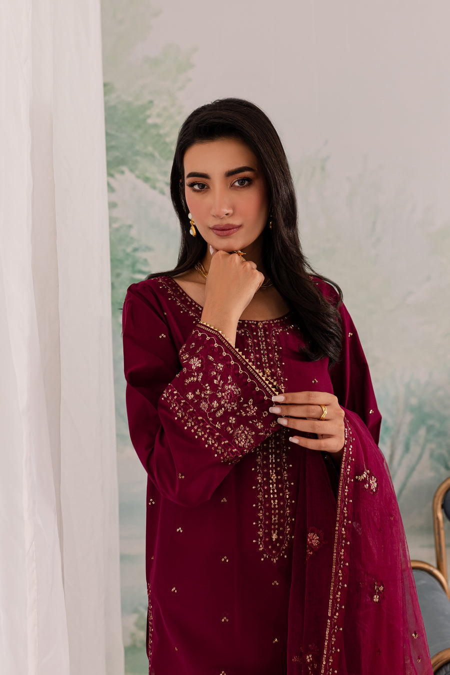JAZMIN-3PC DHANAK EMBROIDERED SHIRT WITH CHIFFON EMBROIDERED DUPATTA AND TROUSER BIC-4198