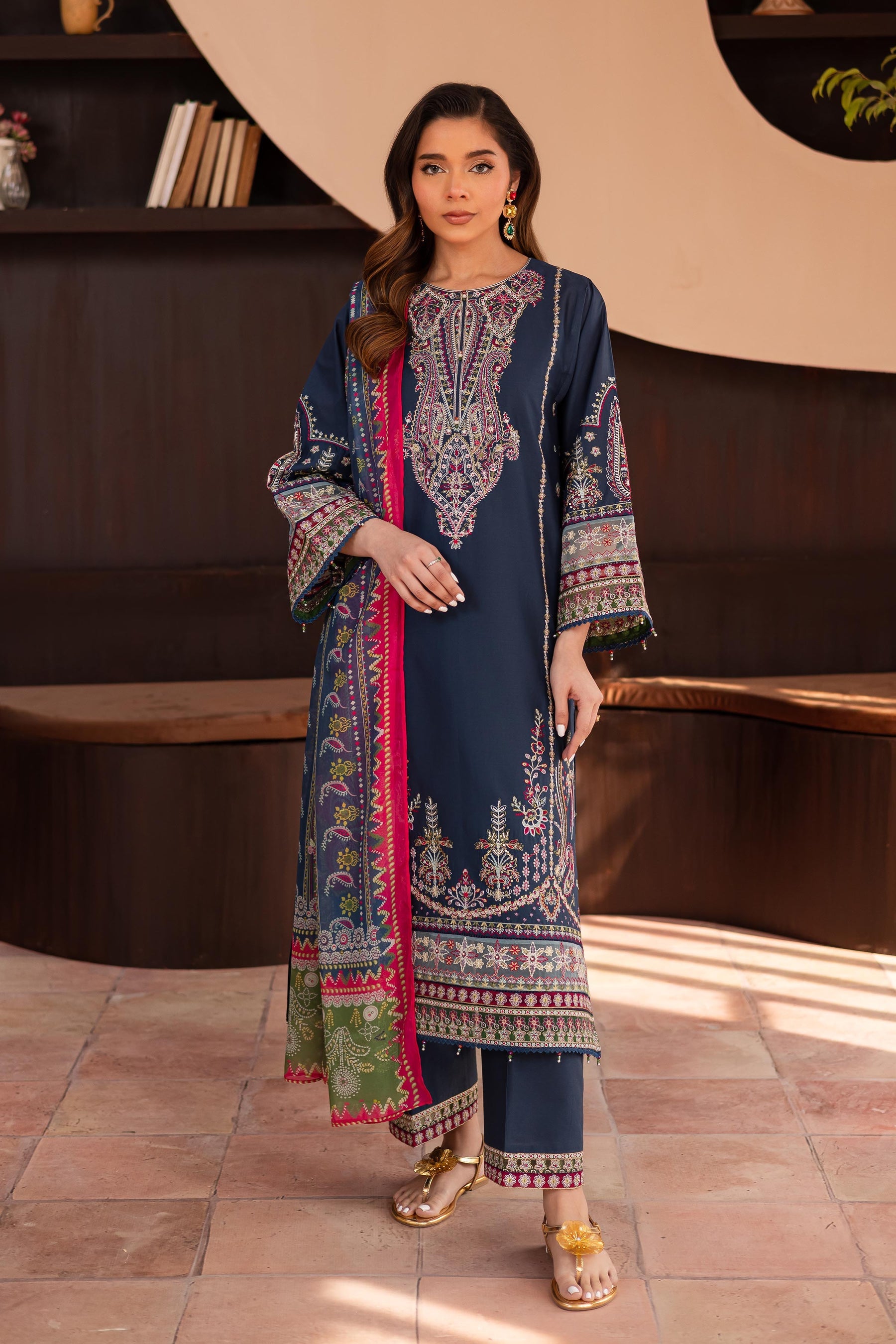 BATIK-3PC DHANAK SEQUENCE EMBROIDERED SHIRT WITH COUTRAI PRINTED SHAWL & DHANAK EMB TOUSER-BIC-4179