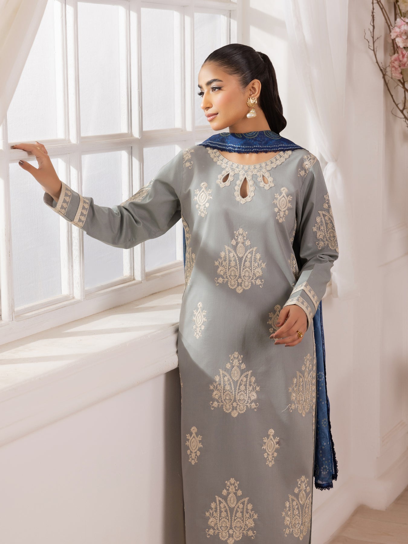 MOHAGNI-3PC LAWN EMBROIDERED SHIRT WITH MONARK PRINTED DUPATTA AND TROUSER-BIC-3741
