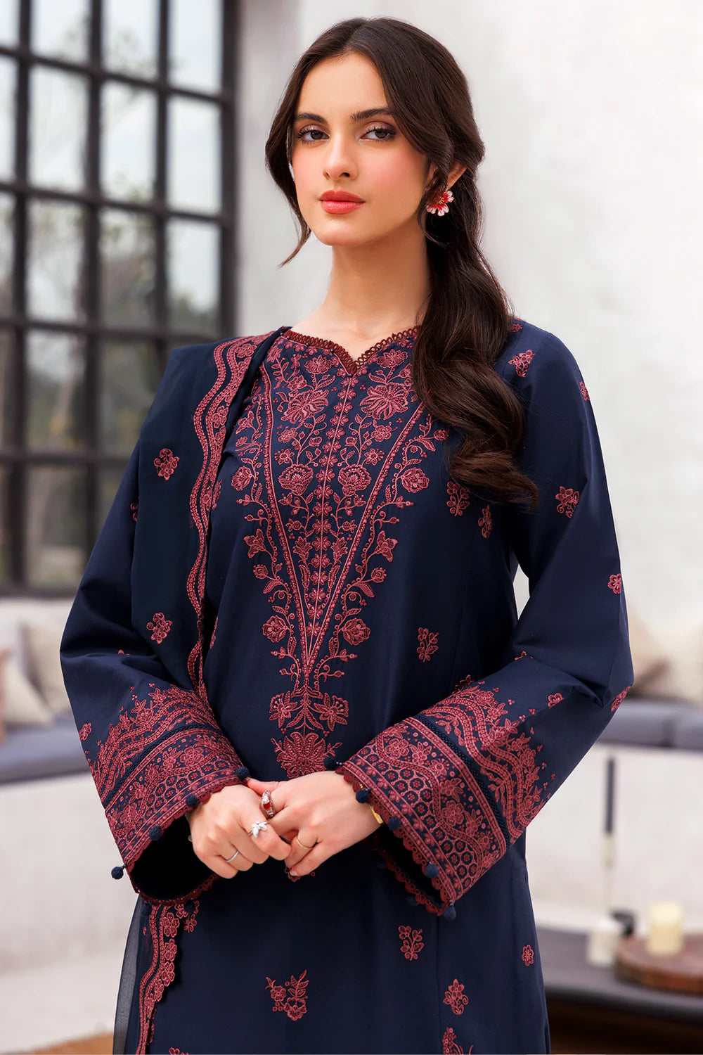 JAZMIN-3PC LAWN EMBROIDERED SHIRT WITH CHIFFON EMBROIDERED DUPATTA AND TROUSER-BIC-3703
