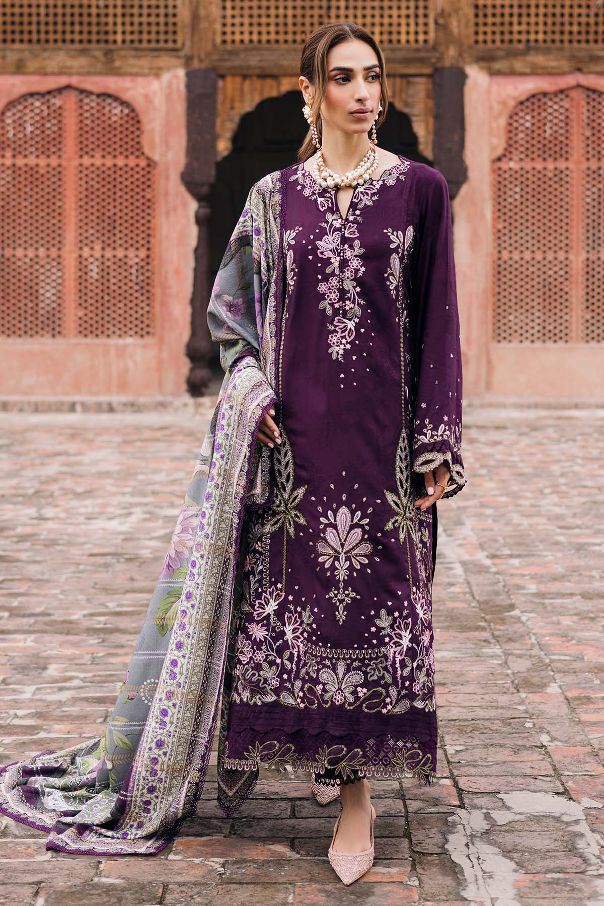 NUREH-3PC DHANAK EMBROIDERED SHIRT WITH COURTRAI PRINTED SHAWL & TROUSER-BIC-4351