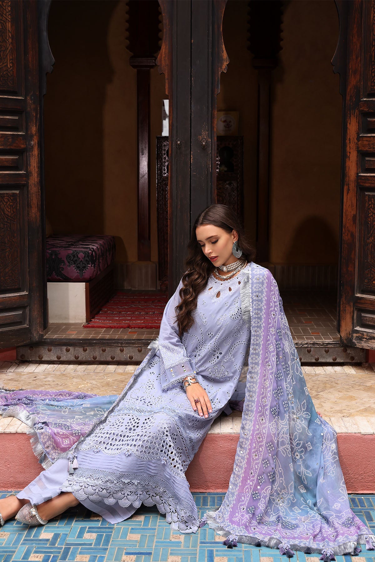 NUREH-3PC LAWN CHIKANKARI EMBROIDERED SHIRT WITH MONARK PRINTED DUPATTA AND EMB TRPUSER-BIC-3709