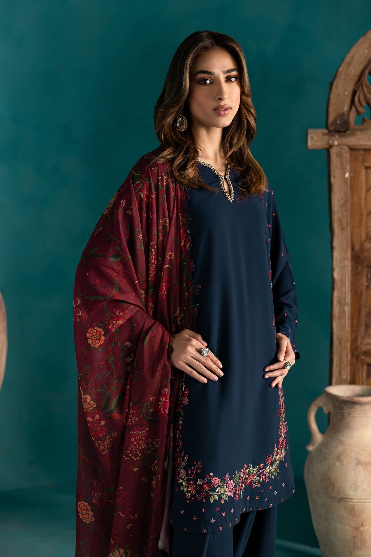 BATIK-3PC DHANAK EMBROIDERED SHIRT WITH COURTRAI PRINTED SHAWL & EMB TROUSER-BIC-4231