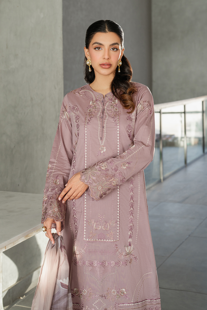 IZNIK-3PC DHANAK EMBROIDERED SHIRT WITH COUTRAI PRINTED SHAWL AND TROUSER-BIC-4114