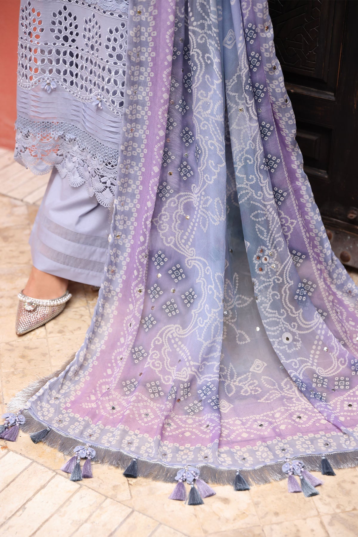 NUREH-3PC LAWN CHIKANKARI EMBROIDERED SHIRT WITH MONARK PRINTED DUPATTA AND EMB TRPUSER-BIC-3709