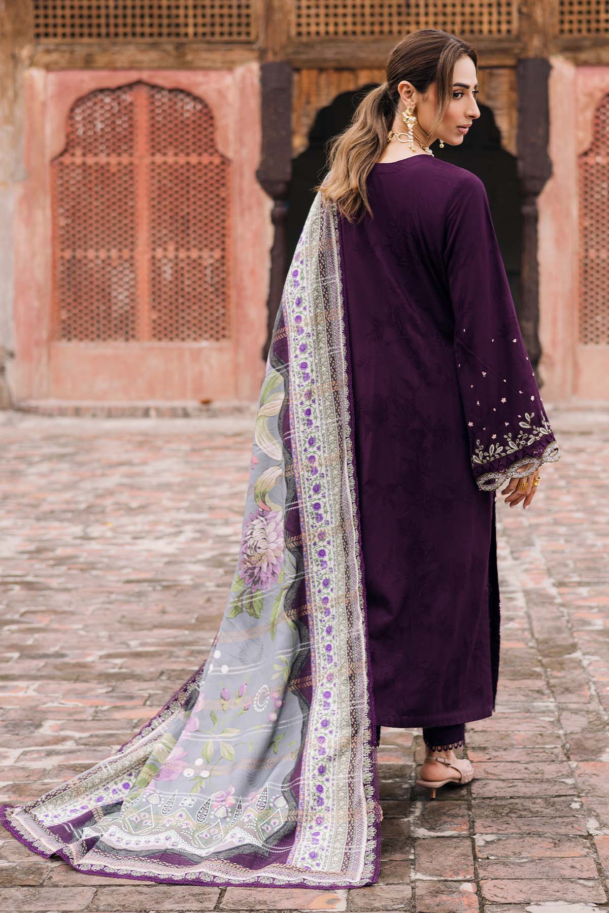 NUREH-3PC DHANAK EMBROIDERED SHIRT WITH COURTRAI PRINTED SHAWL & TROUSER-BIC-4351