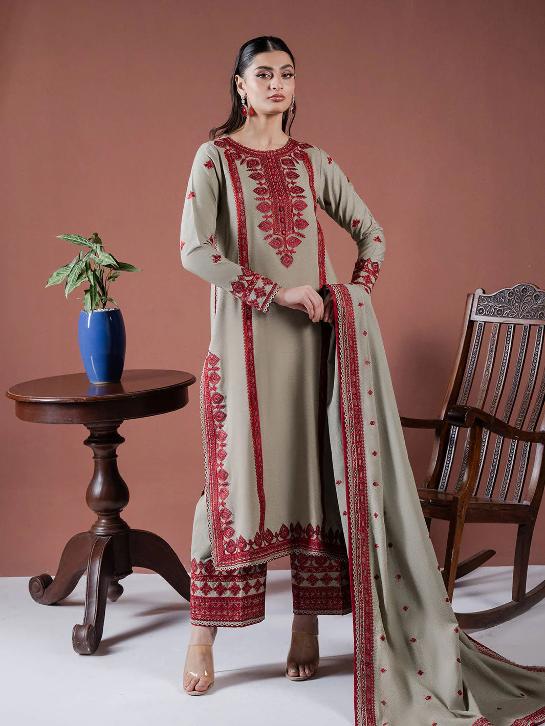 ASIM JOFA-3PC DHANAK EMBROIDERED SHIRT WITH DHANAK EMBROIDERED SHAWL AND EMB TROUSER-BIC-4001