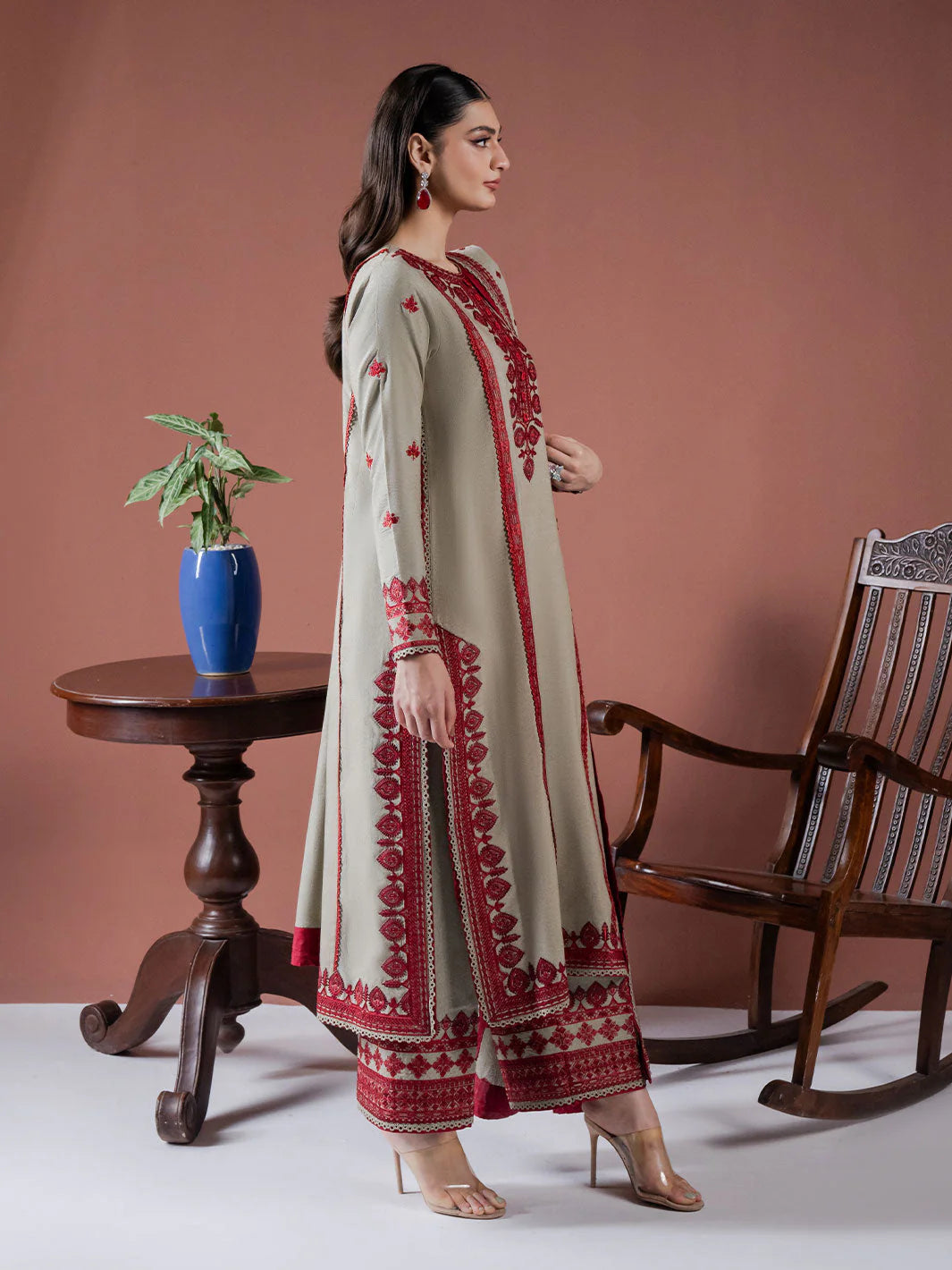 ASIM JOFA-3PC DHANAK EMBROIDERED SHIRT WITH DHANAK EMBROIDERED SHAWL AND EMB TROUSER-BIC-4001