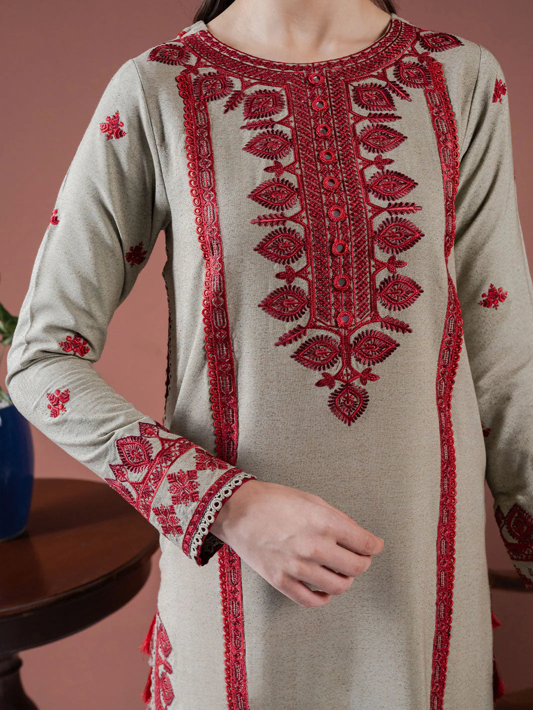 ASIM JOFA-3PC DHANAK EMBROIDERED SHIRT WITH DHANAK EMBROIDERED SHAWL AND EMB TROUSER-BIC-4001