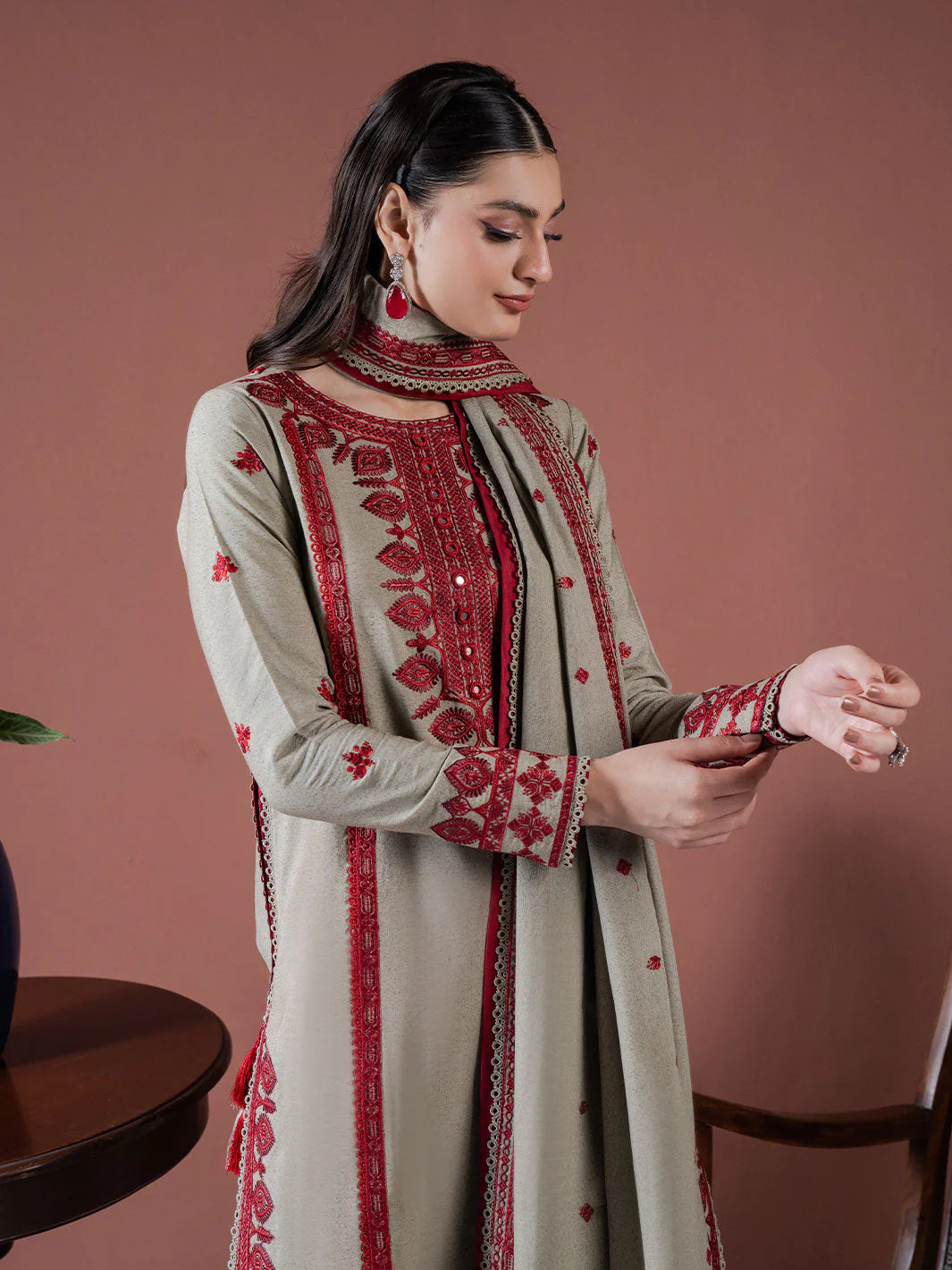 ASIM JOFA-3PC DHANAK EMBROIDERED SHIRT WITH DHANAK EMBROIDERED SHAWL AND EMB TROUSER-BIC-4001
