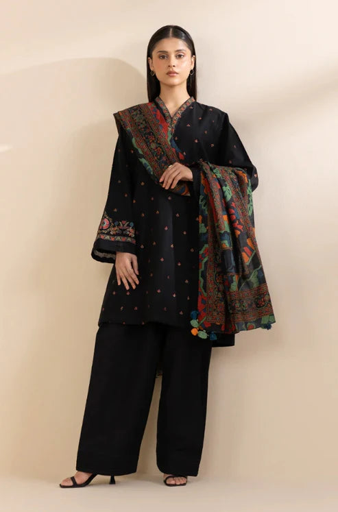 SAPPHIRE-3PC DHANAK EMBROIDERED SHIRT WITH COURTRAI PRINTED SHAWL & TROUSER-BIC-4242