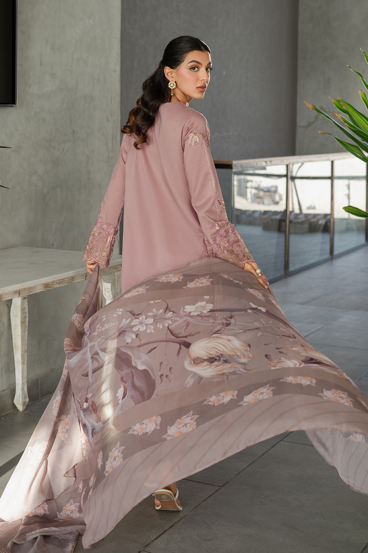 IZNIK-3PC DHANAK EMBROIDERED SHIRT WITH COUTRAI PRINTED SHAWL AND TROUSER-BIC-4114