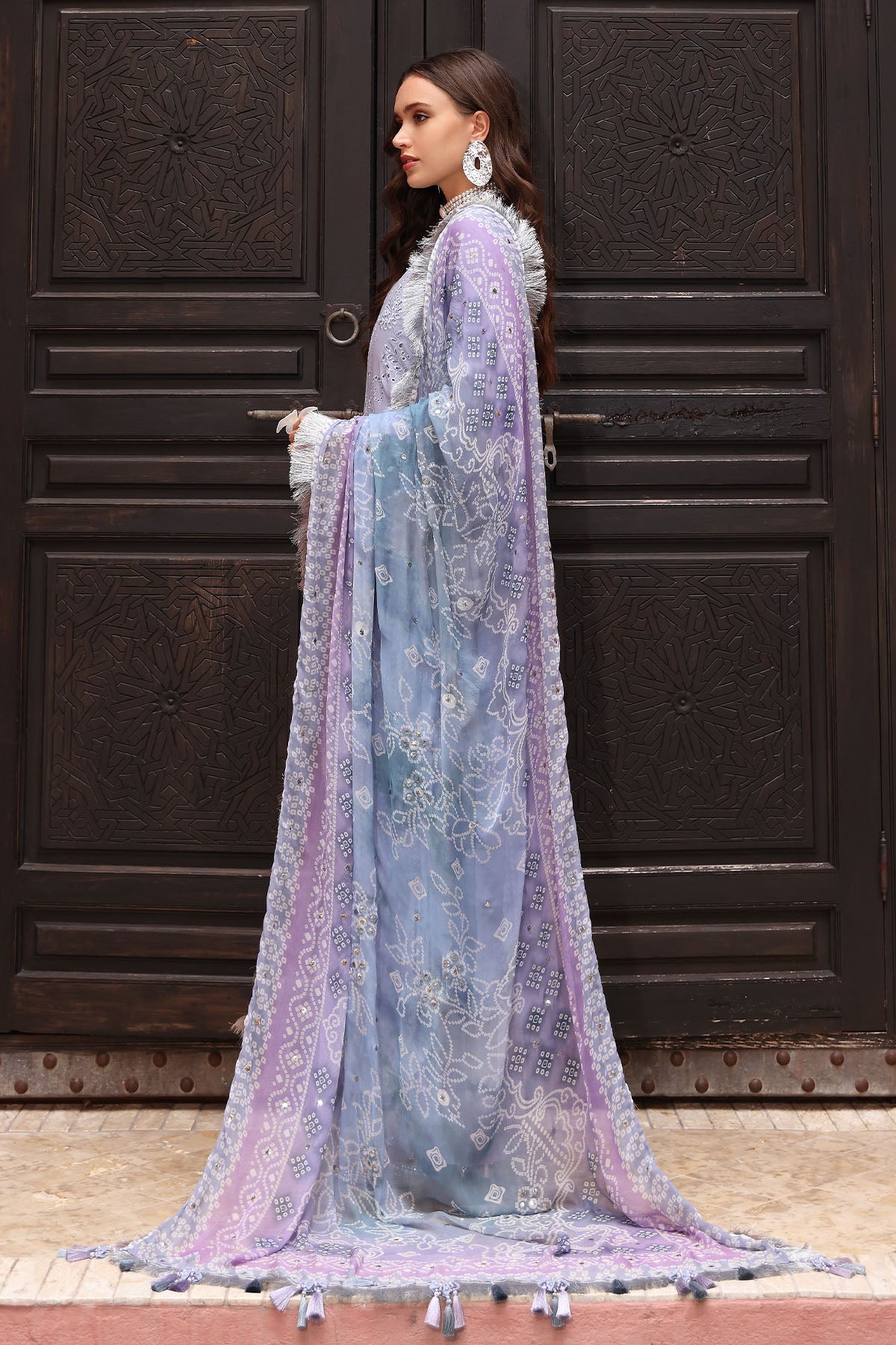 NUREH-3PC LAWN CHIKANKARI EMBROIDERED SHIRT WITH MONARK PRINTED DUPATTA AND EMB TRPUSER-BIC-3709