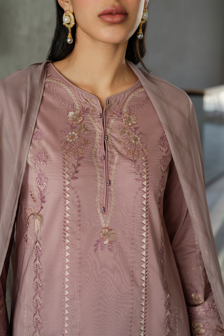IZNIK-3PC DHANAK EMBROIDERED SHIRT WITH COUTRAI PRINTED SHAWL AND TROUSER-BIC-4114