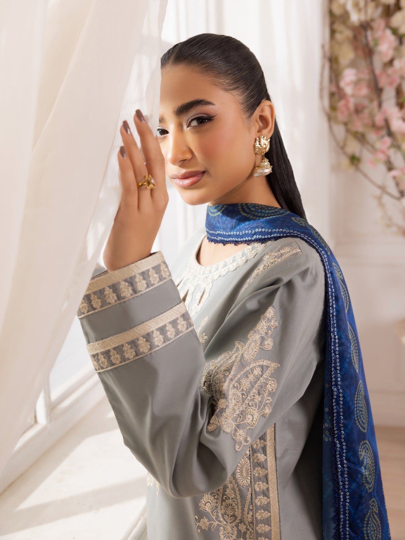 MOHAGNI-3PC LAWN EMBROIDERED SHIRT WITH MONARK PRINTED DUPATTA AND TROUSER-BIC-3741