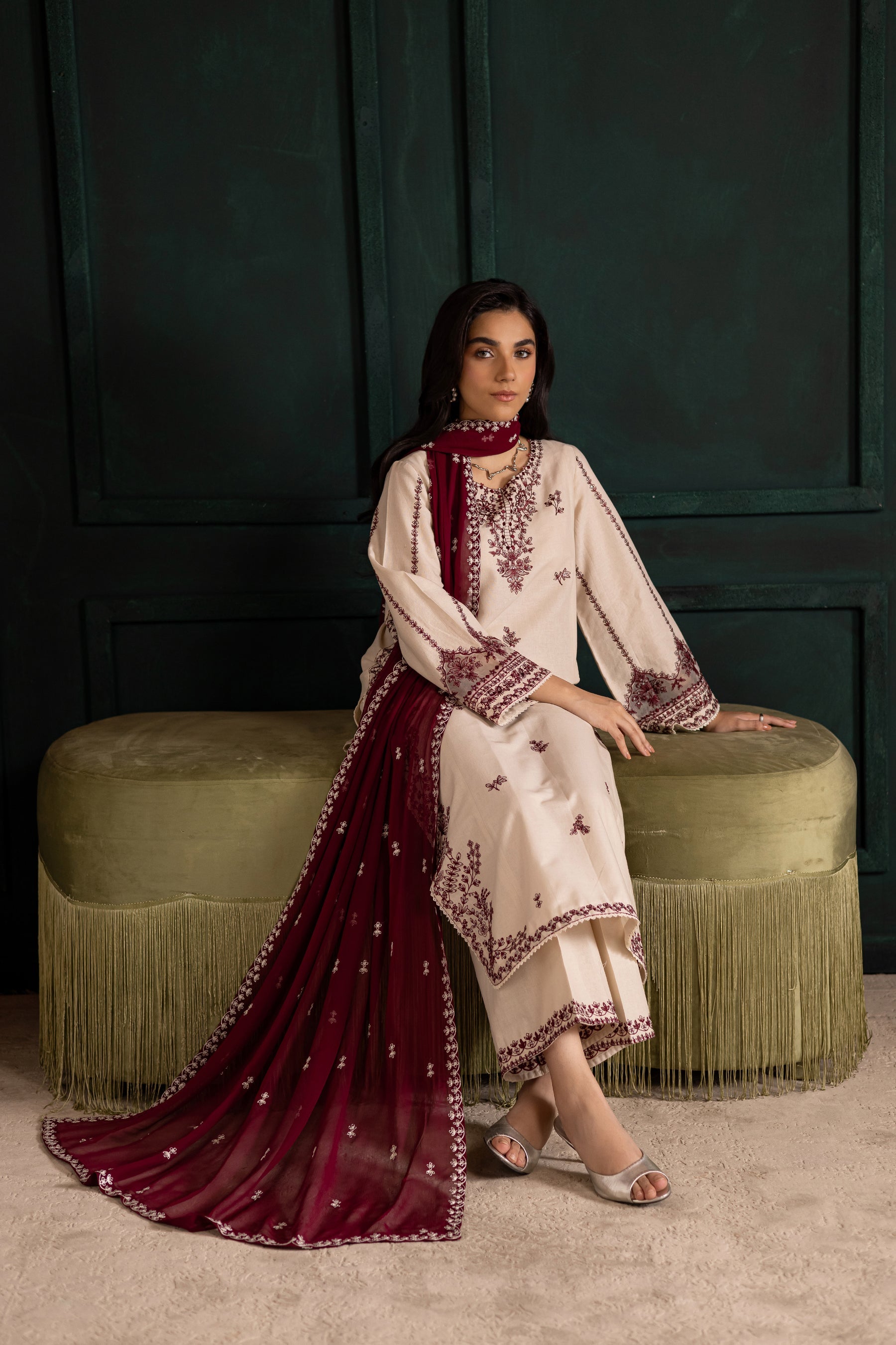 BATIK-3PC DHANAK EMBROIDERED SHIRT WITH DHANAK CHIFFON EMBROIDERED DUPATTA AND EMB TROUSER-BIC-4348