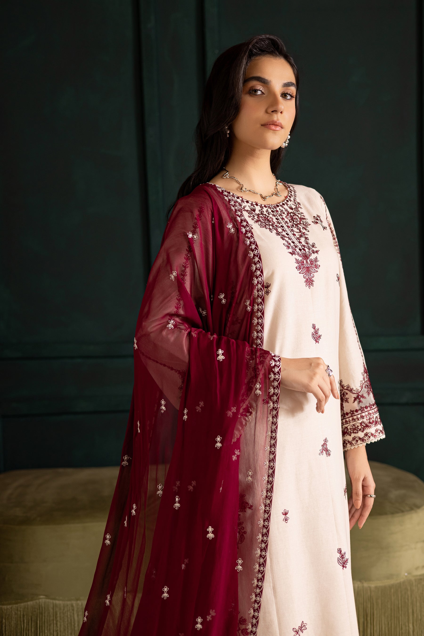 BATIK-3PC DHANAK EMBROIDERED SHIRT WITH DHANAK CHIFFON EMBROIDERED DUPATTA AND EMB TROUSER-BIC-4348