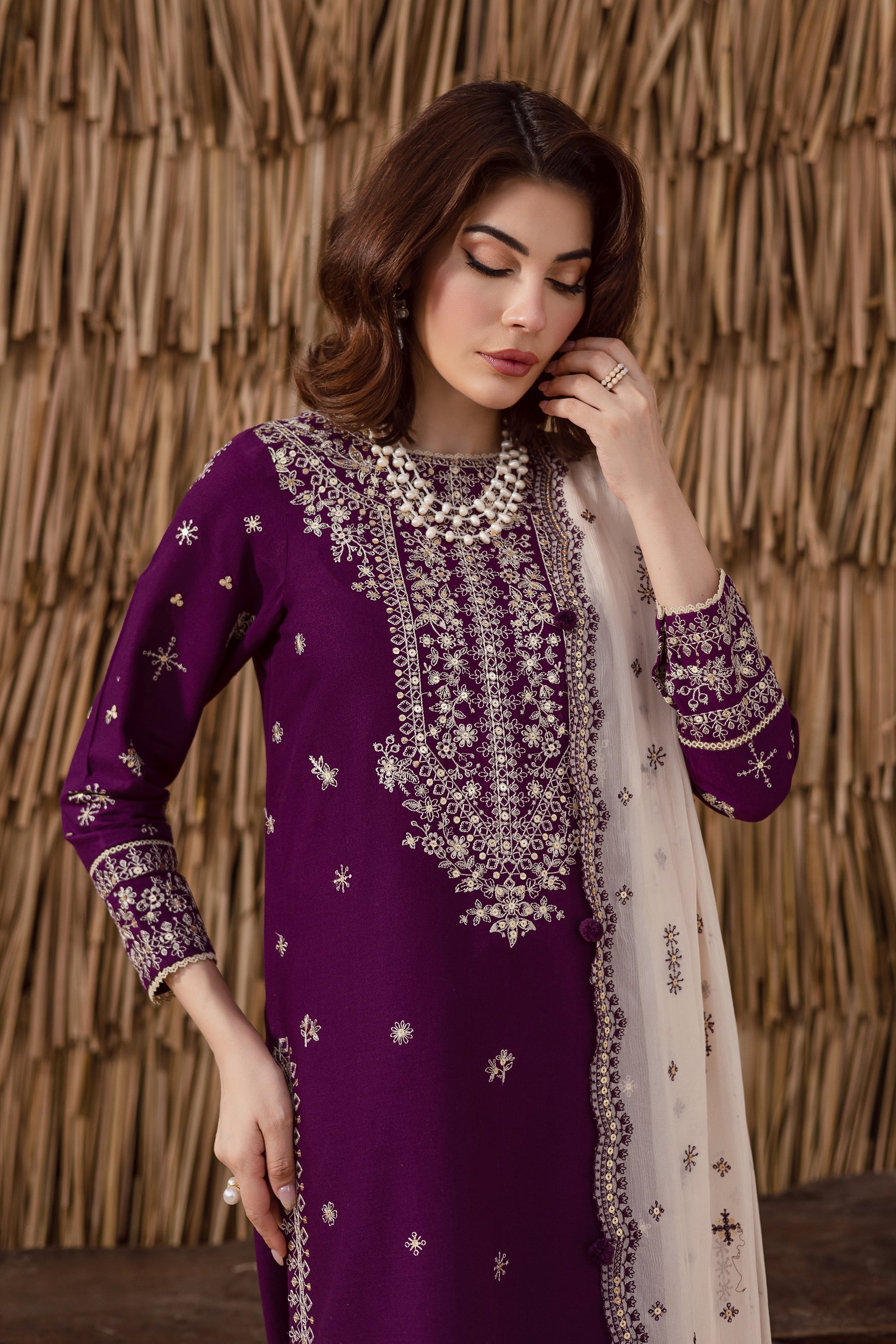BATIK-3PC DHANAK EMBROIDERED SHIRT WITH DHANAK EMBROIDERED SHAWL AND TROUSER-BIC-4338