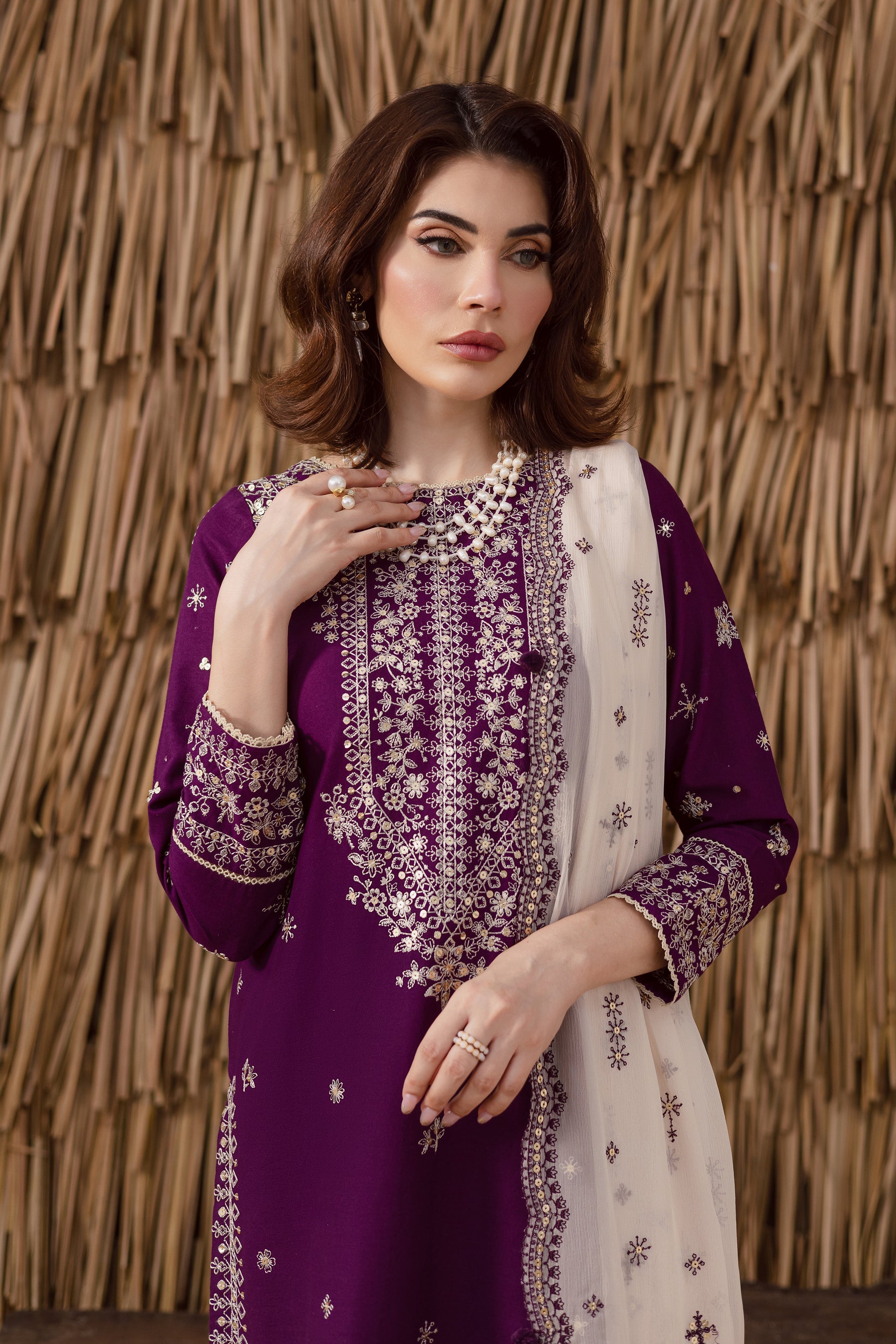 BATIK-3PC DHANAK EMBROIDERED SHIRT WITH DHANAK EMBROIDERED SHAWL AND TROUSER-BIC-4338