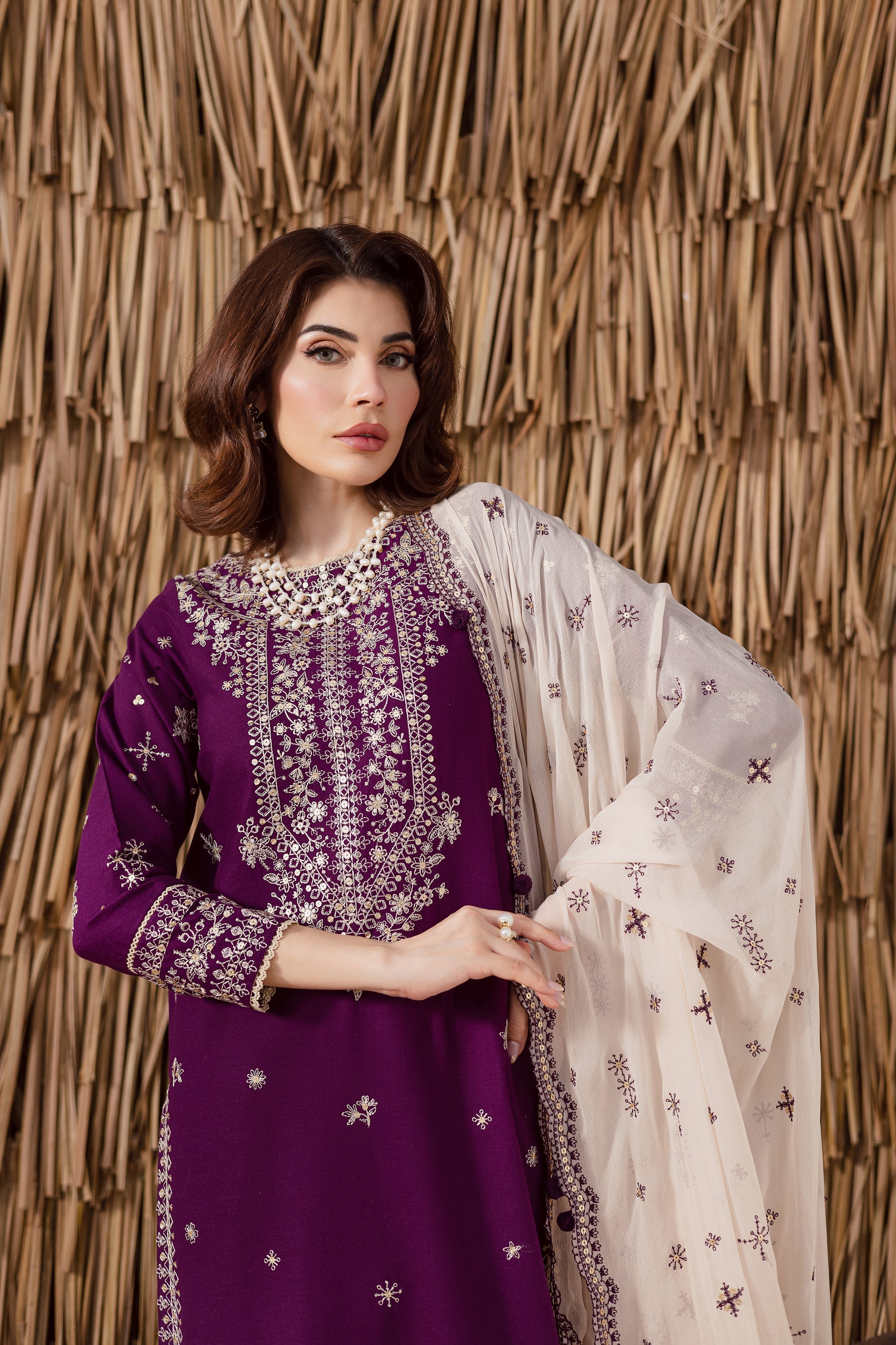 BATIK-3PC DHANAK EMBROIDERED SHIRT WITH DHANAK EMBROIDERED SHAWL AND TROUSER-BIC-4338