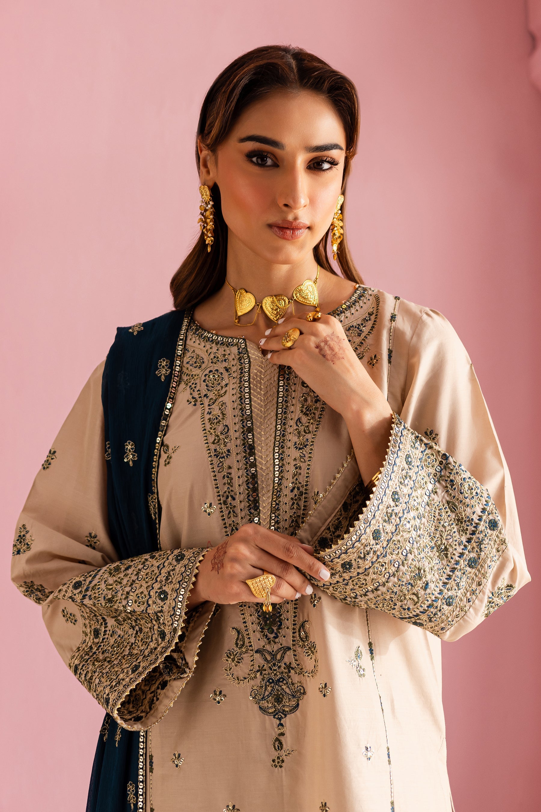 MUSHQ-3PC DHANAK EMBROIDERED SHIRT WITH DHANAK EMBROIDERED SHAWL & EMB TROUSER-BIC-4162