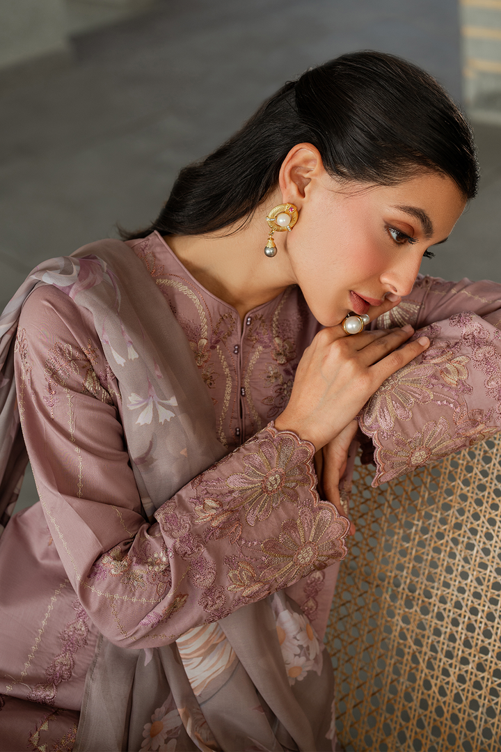 IZNIK-3PC DHANAK EMBROIDERED SHIRT WITH COUTRAI PRINTED SHAWL AND TROUSER-BIC-4114
