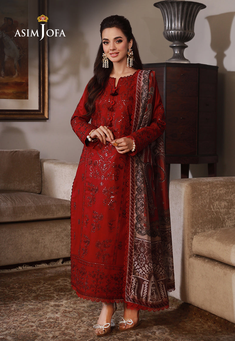 ASIM JOFA-3PC DHANAK SEQUIN EMBROIDRED SHIRT WITH COURTRAI PRINTED SHAWL AND TROUSER-BIC-4228