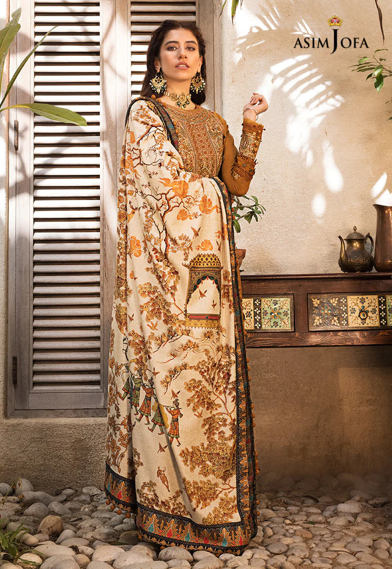 ASIM JOFA-3PC DHANAK EMBROIDERED SHIRT WITH COURTRAI PRINTED SHAWL & TROUSR-BIC-4135
