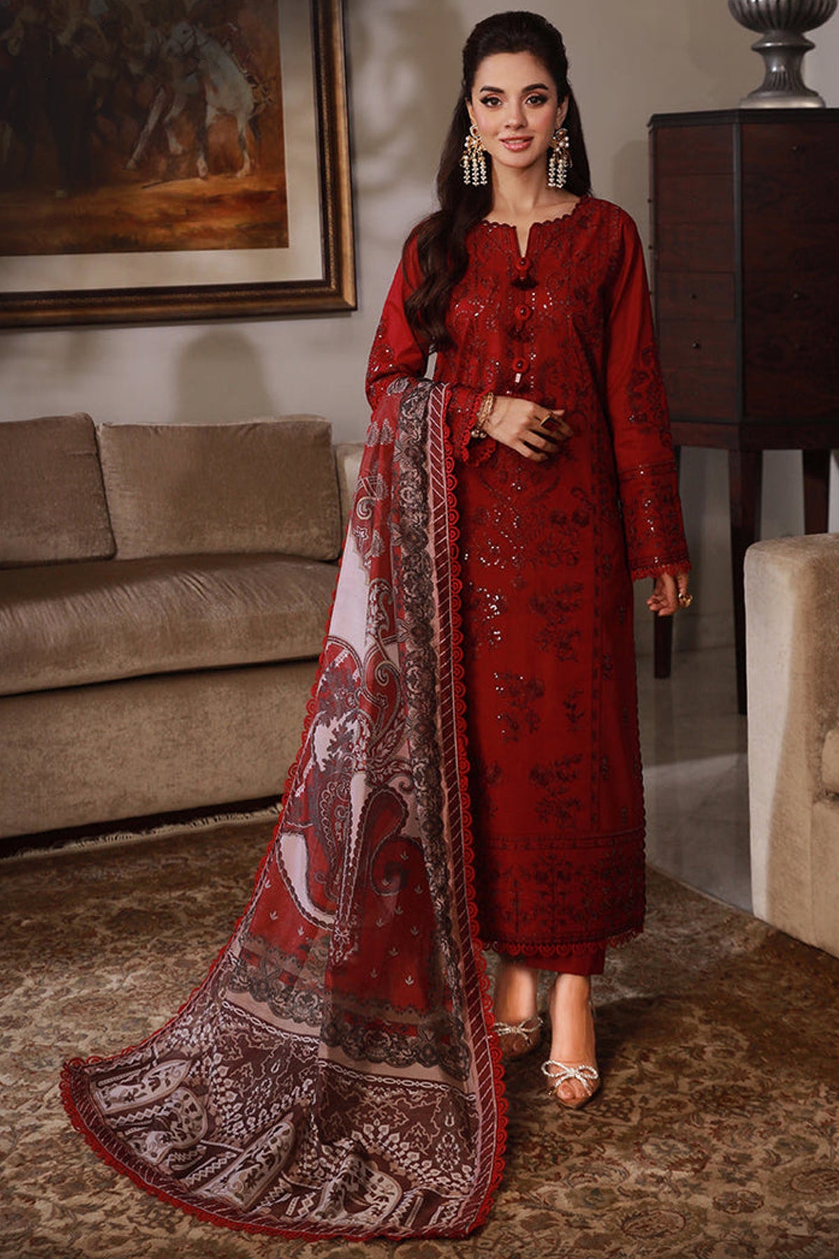 ASIM JOFA-3PC DHANAK SEQUIN EMBROIDRED SHIRT WITH COURTRAI PRINTED SHAWL AND TROUSER-BIC-4228