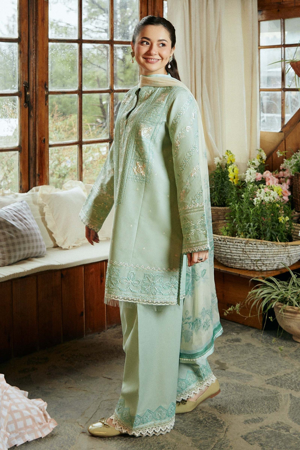 ZAHRA SHAHJAHAN-3PC LAWN EMBROIDERED SHIRT WITH MONARK PRINT DUPATTA AND EMB TROUSER-BIC-3531